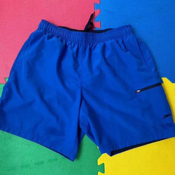Speedo Swim Shorts Men Size Large Blue Pockets Polyester - STAIN - READ - Picture 1 of 10
